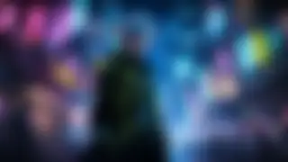 Tech expert in neon marketplace — Cyberpunk anime wallpaper